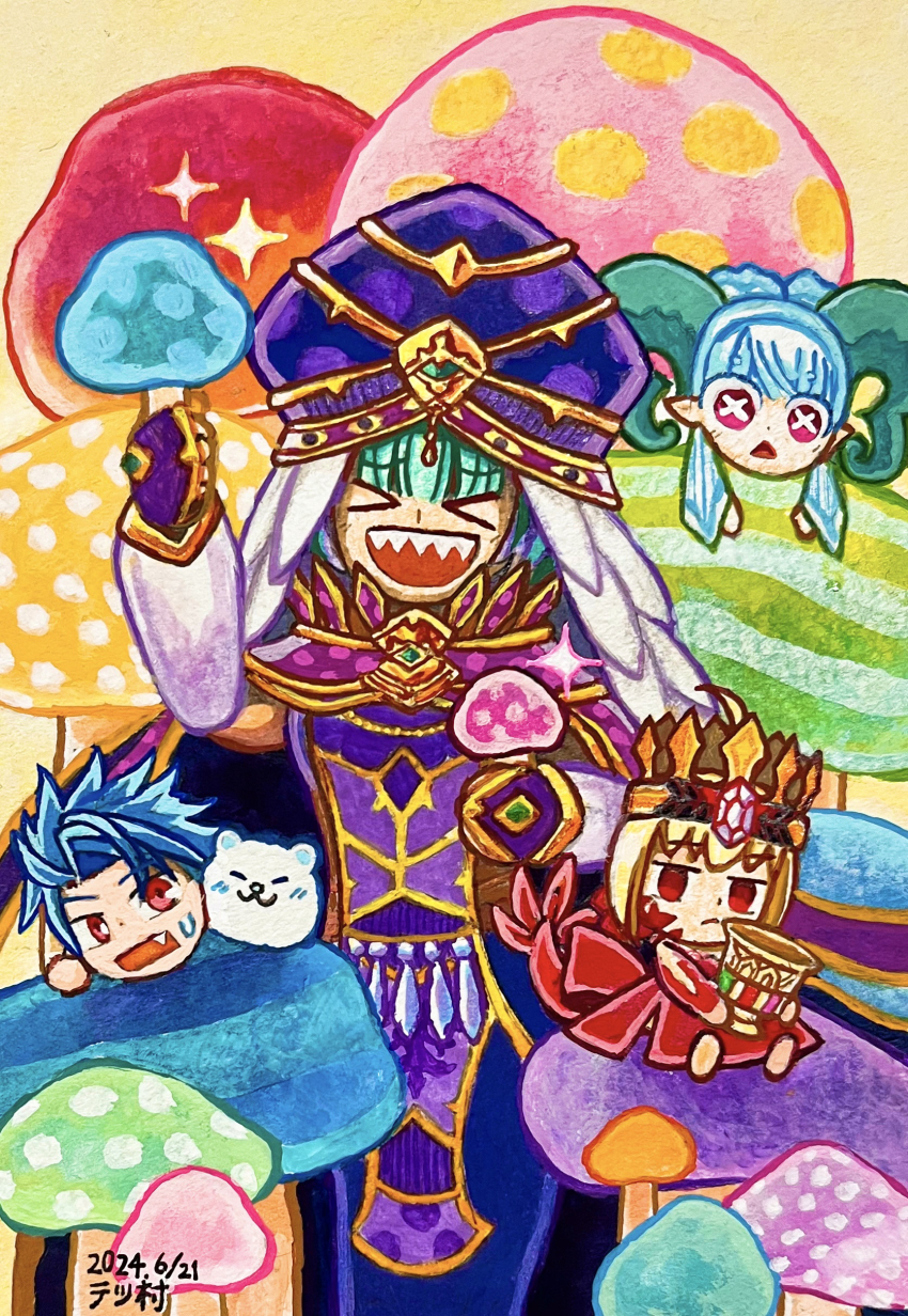 &gt;_&lt; 1boy 3girls :o absurdres blonde_hair blue_hair chibi crown cu_chulainn_(fate) dated fate/grand_order fate_(series) fingerless_gloves gloves green_hair hat highres holding holding_mushroom horns larva_tiamat_(fate) locusta_(fate) locusta_(second_ascension)_(fate) melondaisuki210 multicolored_hair multiple_girls mushroom nero_claudius_(fate) open_mouth pink_eyes purple_gloves purple_hair queen_draco_(fate) setanta_(fate) sharp_teeth sparkle symbol-shaped_pupils tail teeth tiamat_(fate) two-tone_hair x-shaped_pupils
