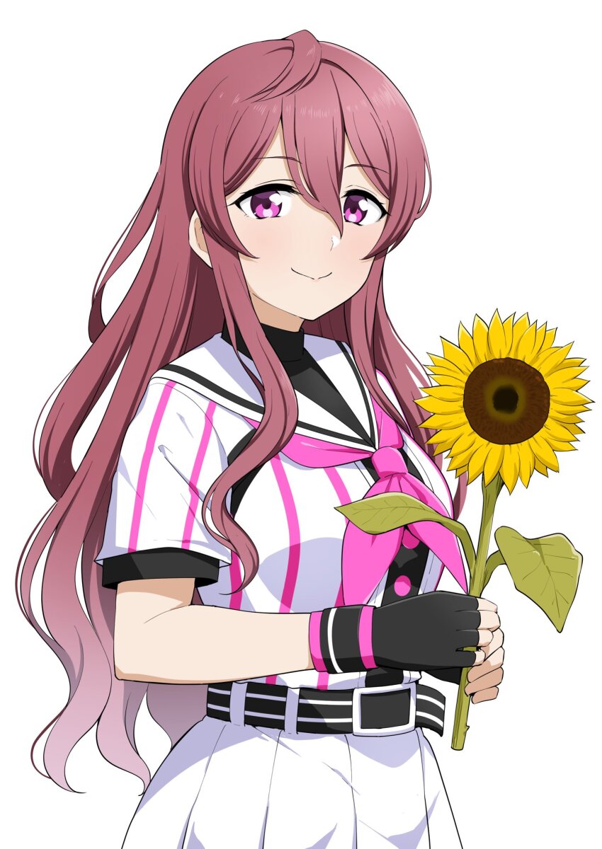 1girl barkhorn0331 baseball_uniform belt belt_buckle black_belt black_gloves black_undershirt buckle cinderella_series closed_mouth cowboy_shot fingerless_gloves flower gloves hachigatsu_no_cinderella_nine hair_between_eyes highres holding holding_flower honjo_chikage long_hair looking_at_viewer neckerchief pink_neckerchief pleated_skirt purple_eyes purple_hair sailor_collar satogahama_baseball_uniform shirt shirt_under_shirt short_sleeves simple_background skirt smile solo sportswear standing striped_belt striped_clothes striped_shirt sunflower vertical-striped_clothes vertical-striped_shirt very_long_hair wavy_hair white_background white_sailor_collar wristband