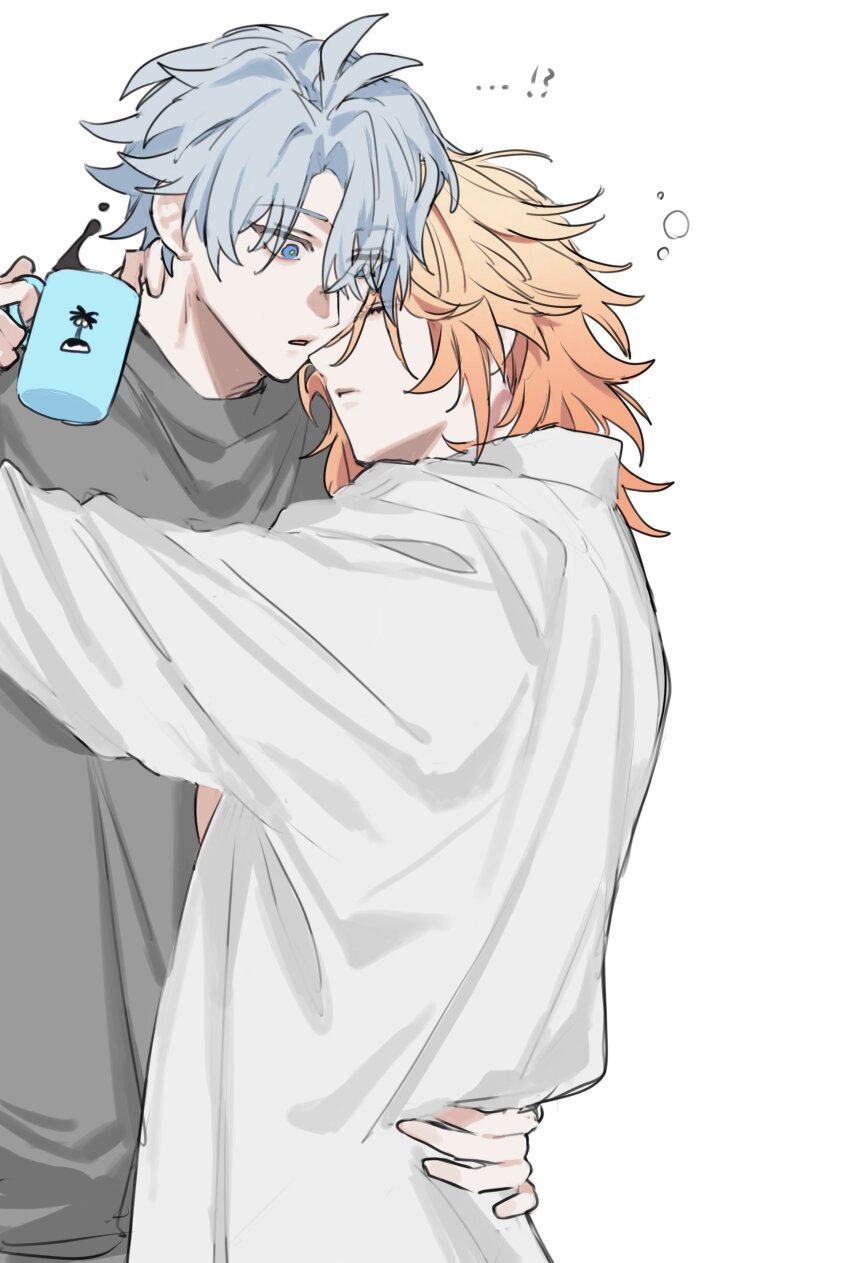 !? ... 2boys absurdres blonde_hair blue_eyes closed_eyes closed_mouth coffee_mug commentary crew_neck cup curtained_hair english_commentary f1neo grey_hair grey_shirt hand_on_another&#039;s_waist highres holding holding_cup honkai:_star_rail honkai_(series) hug male_focus medium_hair mug multiple_boys mydei_(honkai:_star_rail) open_mouth phainon_(honkai:_star_rail) shirt short_hair simple_background squeans t-shirt white_background white_shirt yaoi