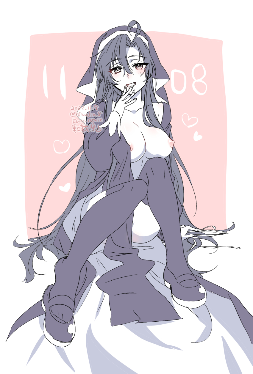 1girl ahoge alternate_costume alternate_hairstyle bed_sheet black_dress black_hair black_shoes black_thighhighs blush breasts breasts_out collarbone dated dress full_body genderswap genderswap_(mtf) hair_between_eyes hair_down hand_up heart highres kimako_(kimako_8) knees_together_feet_apart large_breasts long_hair long_sleeves looking_at_viewer modao_zushi monochrome nipples nun on_bed open_clothes open_dress open_mouth partially_undressed pink_background revealing_clothes shoes side_slit simple_background sitting smile solo spot_color thighhighs twitter_username veil very_long_hair watermark wei_wuxian