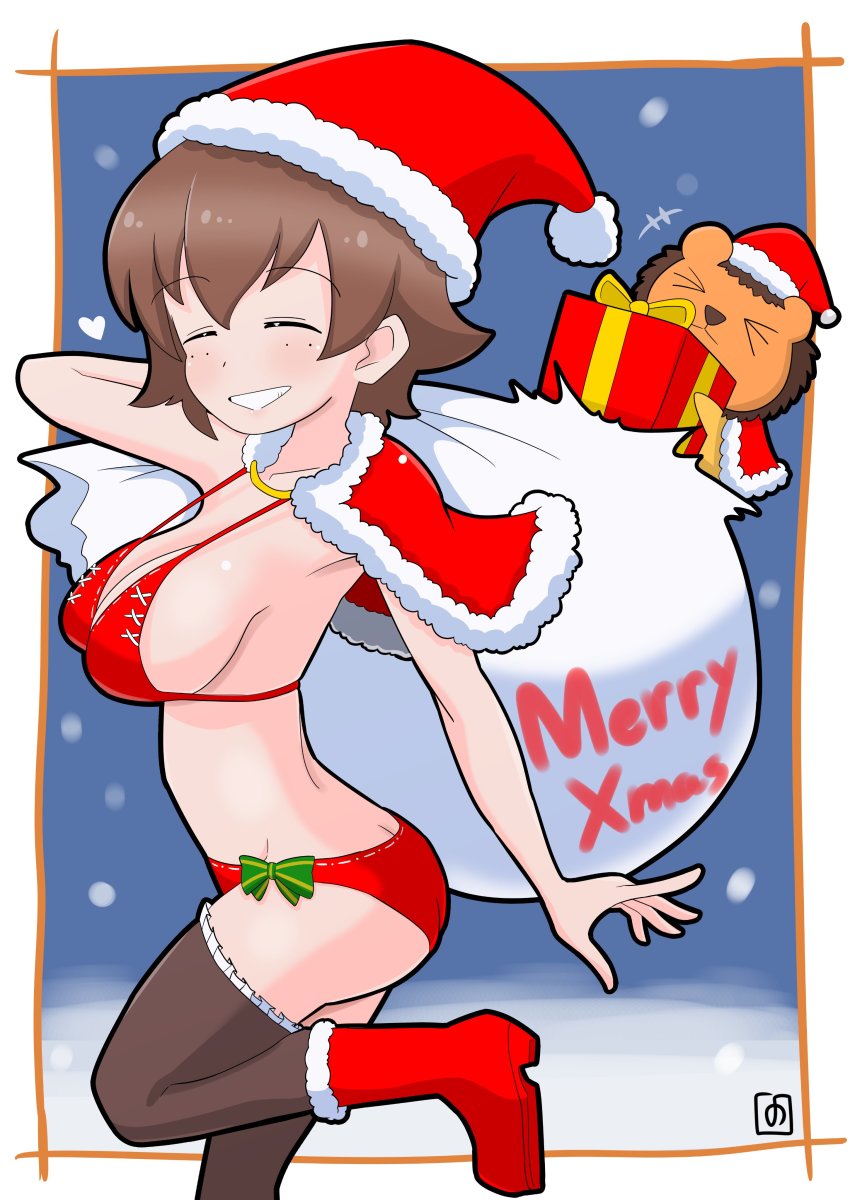 +++ 1girl absurdres arm_up artist_name bikini black_thighhighs boots bow bow_bikini breasts brown_hair christmas closed_eyes commentary_request english_text facing_viewer freckles frilled_thighhighs frills from_side gift girls_und_panzer girls_und_panzer_senshadou_daisakusen! grin halterneck hat heart highres holding holding_sack leg_up leopon_(animal) medium_breasts merry_christmas official_alternate_costume over_shoulder red_bikini red_boots red_hat sack santa_bikini santa_boots santa_costume santa_hat short_hair signature smile solo standing standing_on_one_leg stuffed_animal stuffed_toy swimsuit thighhighs tsuchiya_(girls_und_panzer) yb_norio