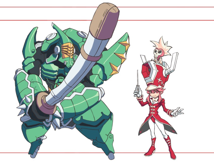 10s 1girl armor baton conductor_baton boots conductor full_body gloves green_armor hat jakuzure_nonon kill_la_kill knee_boots mask mecha pantyhose pink_eyes pink_hair robot sanageyama_uzu sanageyama_uzu_(blade_regalia) shako_cap shinai short_hair sidelocks sin.t.k size_difference skull smile sword jakuzure_nonon_(symphony_regalia) weapon white_background white_pantyhose