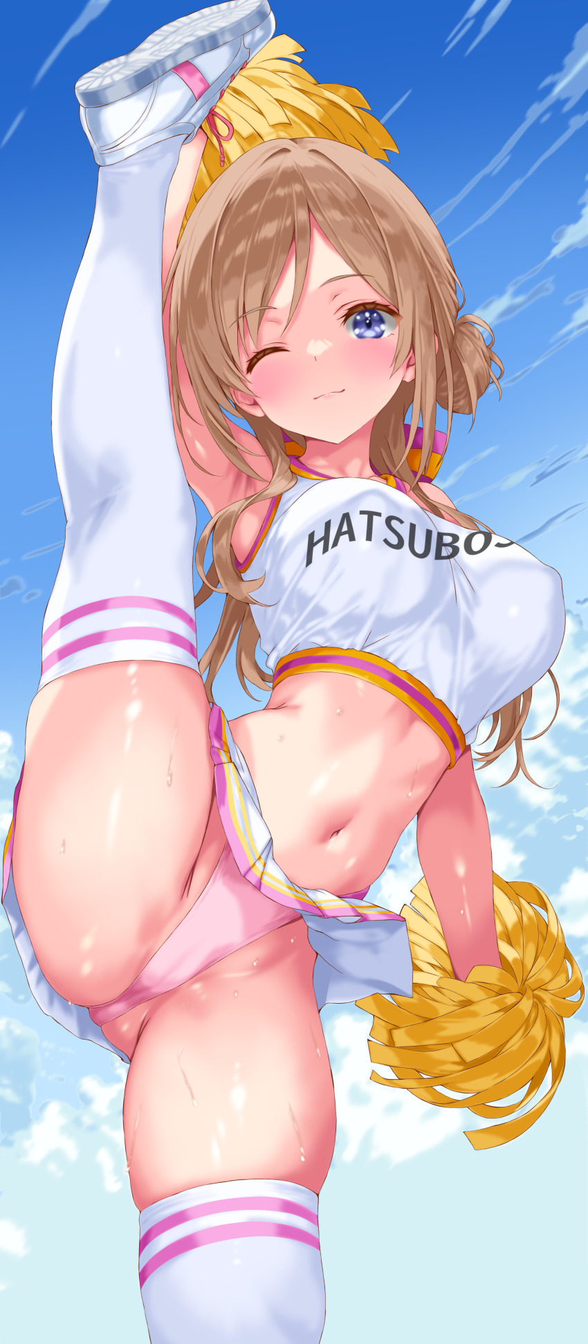1girl ;) absurdres breasts brown_hair cheerleader clothes_writing commentary_request commission cowboy_shot crop_top facing_viewer gakuen_idolmaster highres himesaki_rinami holding holding_pom_poms idolmaster iwato_(celler) large_breasts long_hair midriff miniskirt navel one_eye_closed panties pantyshot pink_panties pixiv_commission pom_pom_(cheerleading) pom_poms purple_eyes shoes skirt sleeveless smile solo split standing standing_on_one_leg standing_split stomach thighhighs underwear white_shoes white_skirt white_thighhighs