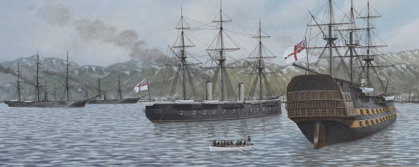6+others absurdres acrylic_paint_(medium) american_flag atelier_bono boat commentary highres historical_event hms_ocean_(1863) hms_rodney_(1833) ironclad japan mast military_vehicle mountainous_horizon multiple_others original painting_(medium) port royal_navy scenery ship ship_of_the_line smoke smokestack traditional_media united_states_navy vehicle_focus warship watercraft