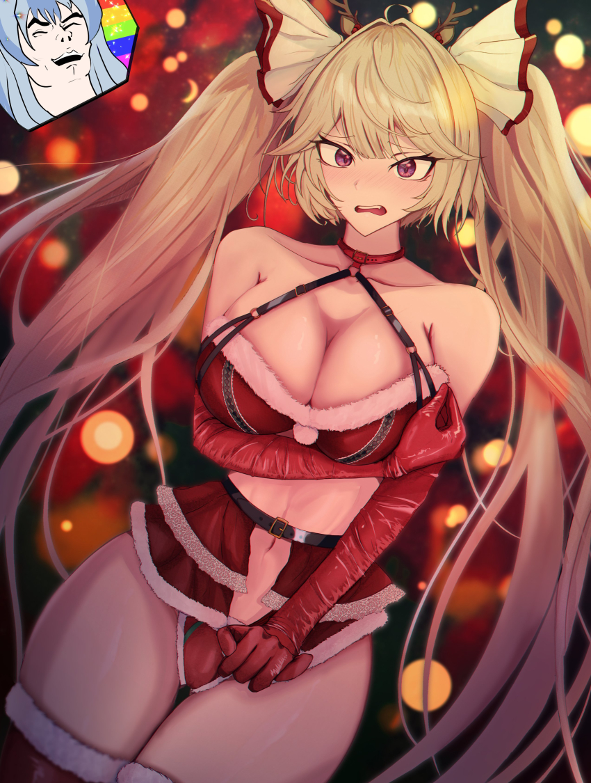 2girls absurdres ahoge alternate_hairstyle antlers bare_shoulders belt blue_hair bow bra breasts christmas cleavage closed_eyes collar collarbone elbow_gloves embarrassed fabulous_secret_powers_(meme) fang frilled_thigh_strap fujiwara_no_mokou fur-trimmed_bra fur_trim gloves he-man highres horns kamishirasawa_keine large_breasts lights long_hair meme midriff multiple_girls navel open_mouth panties purple_eyes red_bra red_collar red_gloves red_panties red_thighhighs santa_costume thigh_strap thighhighs touhou twintails underwear very_long_hair white_hair yama_kabosu zettai_ryouiki