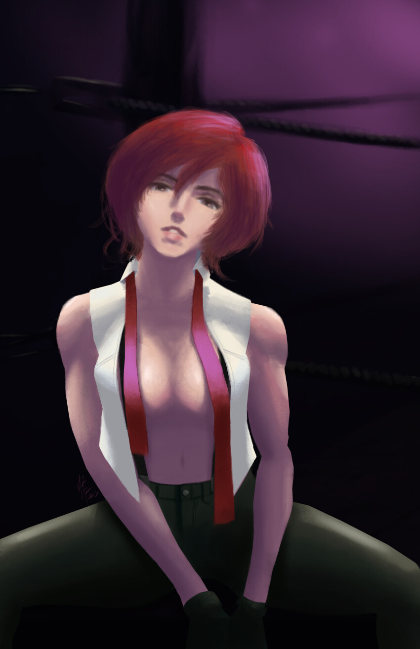 1girl aldrin_buniel aldrinbuniel breasts brown_eyes female_focus gloves looking_at_viewer medium_breasts natsuaru open_clothes pale_skin red_hair shirt short_hair the_king_of_fighters thick_thighs thighs undressing vanessa_(kof) white_shirt