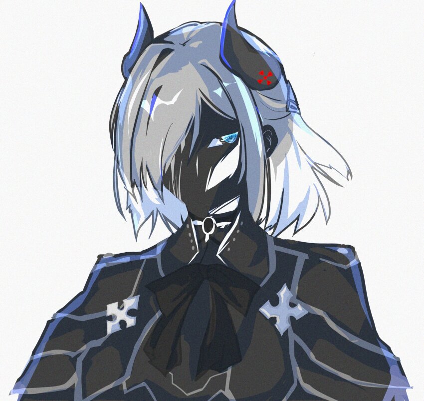 1girl arms_at_sides assault_lily black_bow black_bowtie black_horns black_jacket blue_eyes bow bowtie commentary_request eyes_in_shadow grey_background grey_hair hair_between_eyes hair_over_one_eye highres horns jacket kurokuazu long_sleeves looking_at_viewer medium_hair multicolored_hair no_mouth one_eye_covered sekino_youko simple_background solo two-tone_hair upper_body white_hair