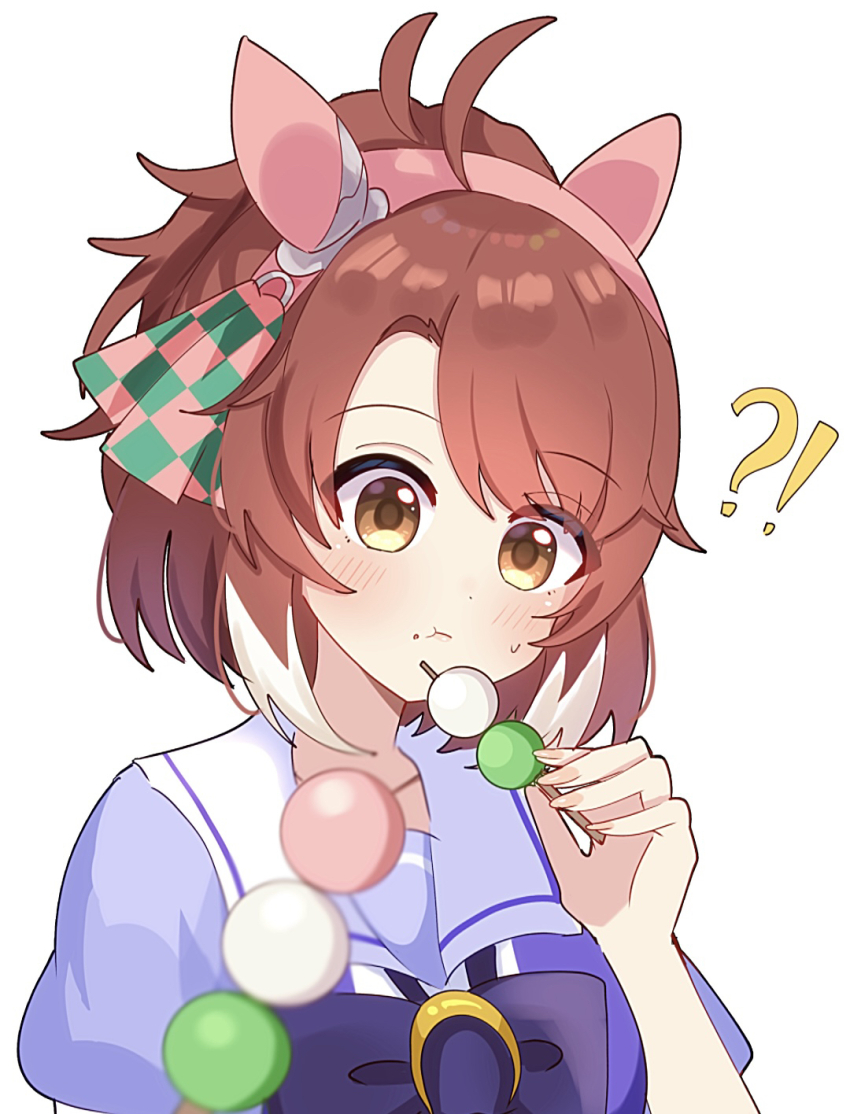 !? 1girl ahoge animal_ears blush breasts brown_eyes brown_hair commentary_request dango dantsu_flame_(umamusume) eating food hair_ornament hairband highres horse_ears horse_girl large_breasts looking_at_viewer medium_hair school_uniform shiroiro_obake solo tracen_school_uniform umamusume wagashi