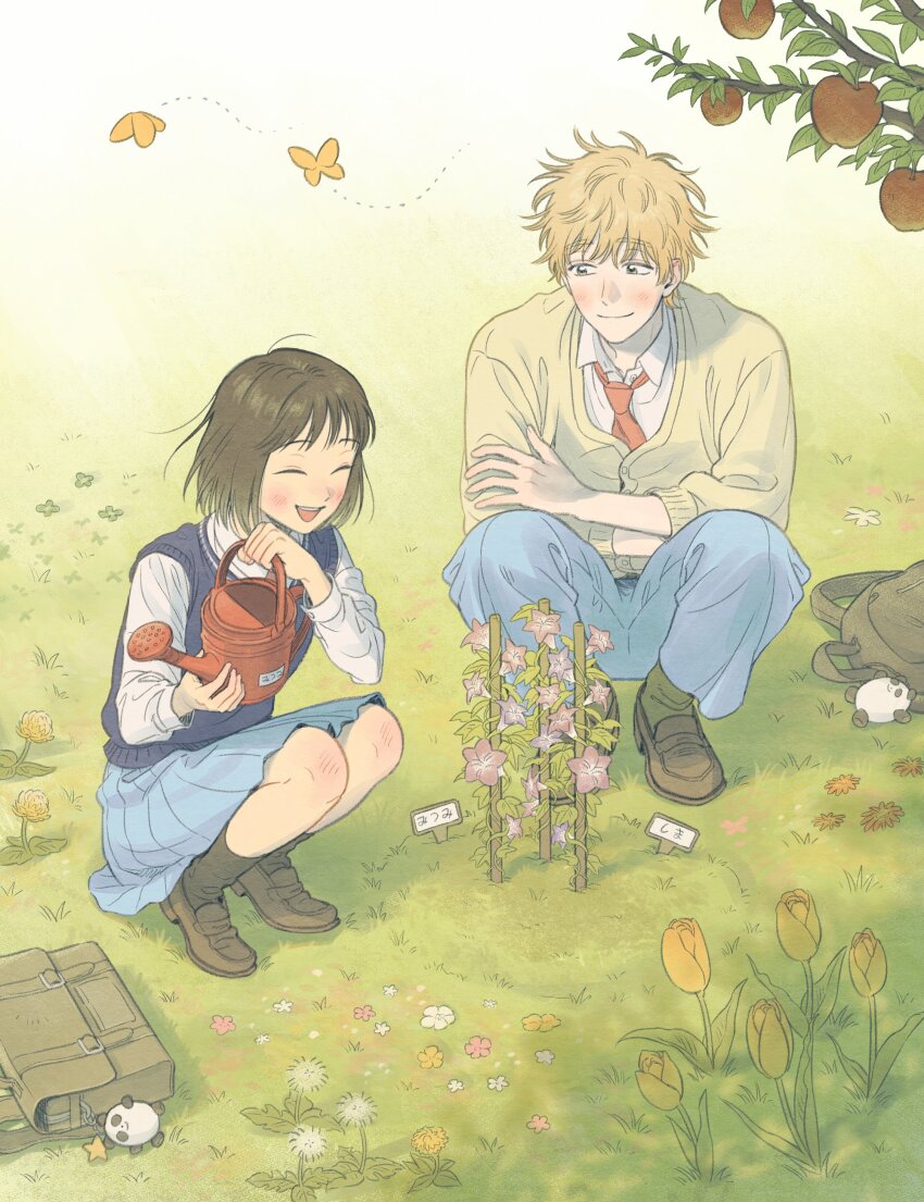 1boy 1girl absurdres animal_charm ankle_socks apple apple_tree backpack bag bag_charm black_hair black_socks blonde_hair blue_pants blue_skirt blue_sweater_vest blunt_bangs blush branch brown_shoes bug butterfly buttoned_cuffs buttons cardigan charm_(object) closed_eyes closed_mouth clover collared_shirt crossed_arms dandelion dandelion_seed dappled_sunlight day dress_pants dress_shirt elbow_rest facing_viewer flat_chest floating_hair flower food four-leaf_clover fruit full_body gatan666 gradient_background grass green_background hair_between_eyes half-closed_eyes hand_on_own_elbow happy highres holding holding_watering_can insect iwakura_mitsumi knee_blush laughing leaf light_blush loafers long_sleeves looking_at_another messy_hair morning_glory nature necktie open_mouth orange_flower outdoors pants pink_flower plant pleated_skirt purple_flower red_necktie school_bag school_uniform shadow shima_sousuke shirt shoes short_hair shoulder_bag sideways_glance simple_background simple_flower skip_to_loafer skirt sleeve_cuffs socks squatting straight_hair sunlight sweater_vest teeth thick_eyebrows tree tree_shade trellis tsubame_nishi_high_school_uniform tulip upper_teeth_only vines watering_can white_background white_flower white_shirt wispy_bangs yellow_background yellow_butterfly yellow_cardigan yellow_eyes yellow_flower yellow_tulip