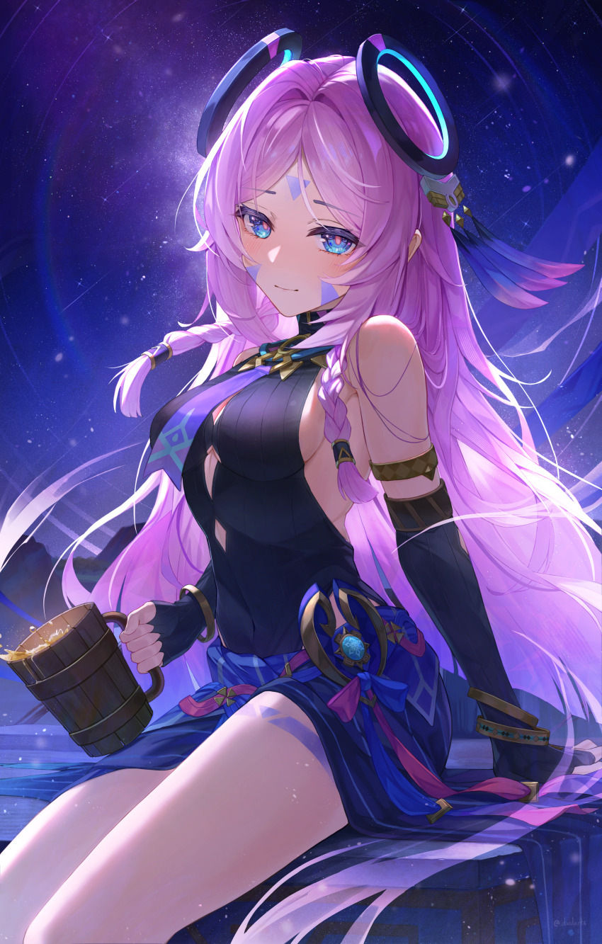 1girl absurdres blue_eyes citlali_(genshin_impact) detached_sleeves dvdarts genshin_impact highres holding looking_at_viewer makeup pink_hair solo