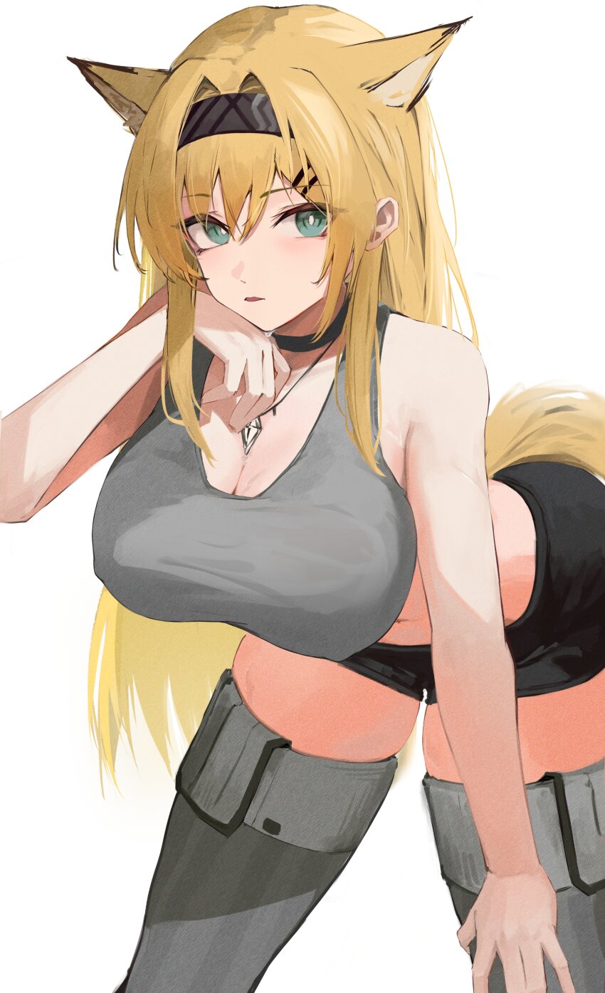 1girl absurdres animal_ears arknights bare_arms bare_shoulders bent_over black_choker black_hairband black_shorts blonde_hair breasts bright_pupils choker cleavage commentary cowboy_shot crop_top eyes_visible_through_hair green_eyes grey_sports_bra grey_thighhighs hair_between_eyes hair_intakes hair_ornament hairband hairclip hand_on_own_thigh hand_up highres horn_(arknights) jewelry large_breasts long_hair looking_at_viewer navel necklace nekomatamago shorts simple_background sleeveless solo sports_bra standing tail thighhighs white_background white_pupils yellow_tail