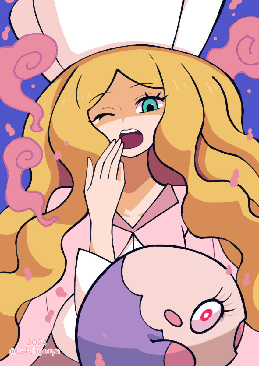 1girl ;o batchgooya blonde_hair blue_background blue_eyes caitlin_(pokemon) dress eyelashes gen_5_pokemon hat highres long_hair long_sleeves looking_at_viewer musharna nintendo one_eye_closed open_mouth parted_bangs pink_dress pokemon pokemon_(creature) pokemon_bw teeth twitter_username upper_body upper_teeth_only very_long_hair white_hat yawning