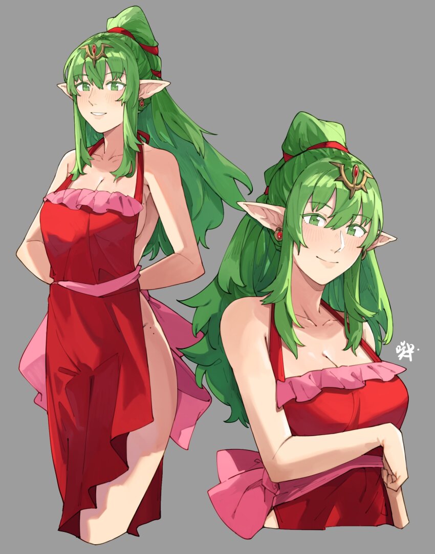 1girl alternate_costume apron blush closed_mouth commentary earrings english_commentary fire_emblem fire_emblem_awakening green_eyes green_hair grey_background grin hair_between_eyes hair_ornament highres jewelry lips long_hair looking_at_viewer naked_apron nintendo pink_lips pointy_ears ponytail red_apron sakuremi sidelocks signature simple_background smile solo tiki_(adult)_(fire_emblem) tiki_(fire_emblem)