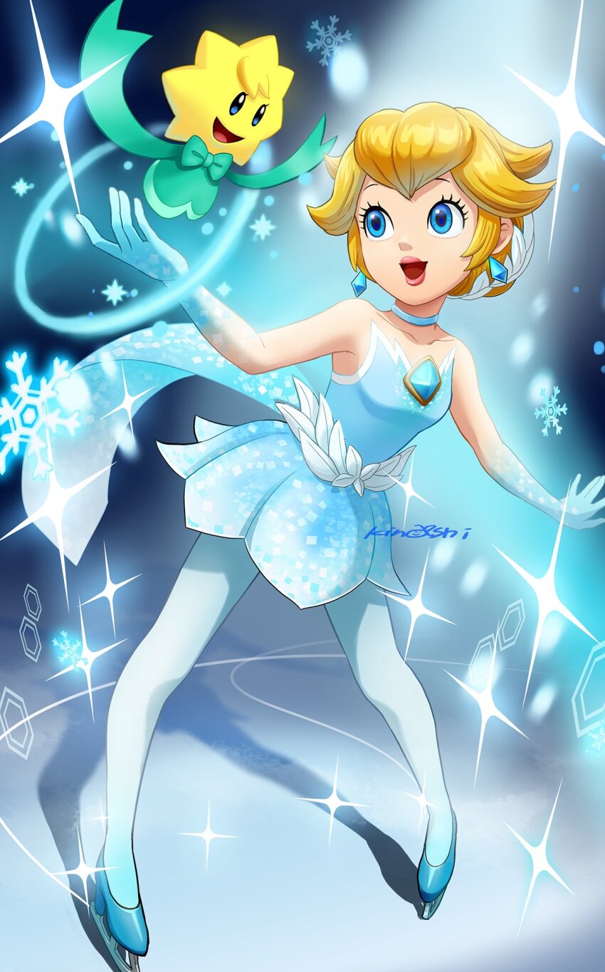 1girl blonde_hair blue_choker blue_dress blue_eyes brooch choker dress earrings figure_skater_peach figure_skating figure_skating_dress full_body gloves highres ice_skates ice_skating jewelry mario_(series) nintendo official_alternate_costume official_alternate_hairstyle open_mouth pantyhose princess_peach princess_peach:_showtime! skates skating smile snowflakes stella_(peach) strapless strapless_dress white_gloves zakka44
