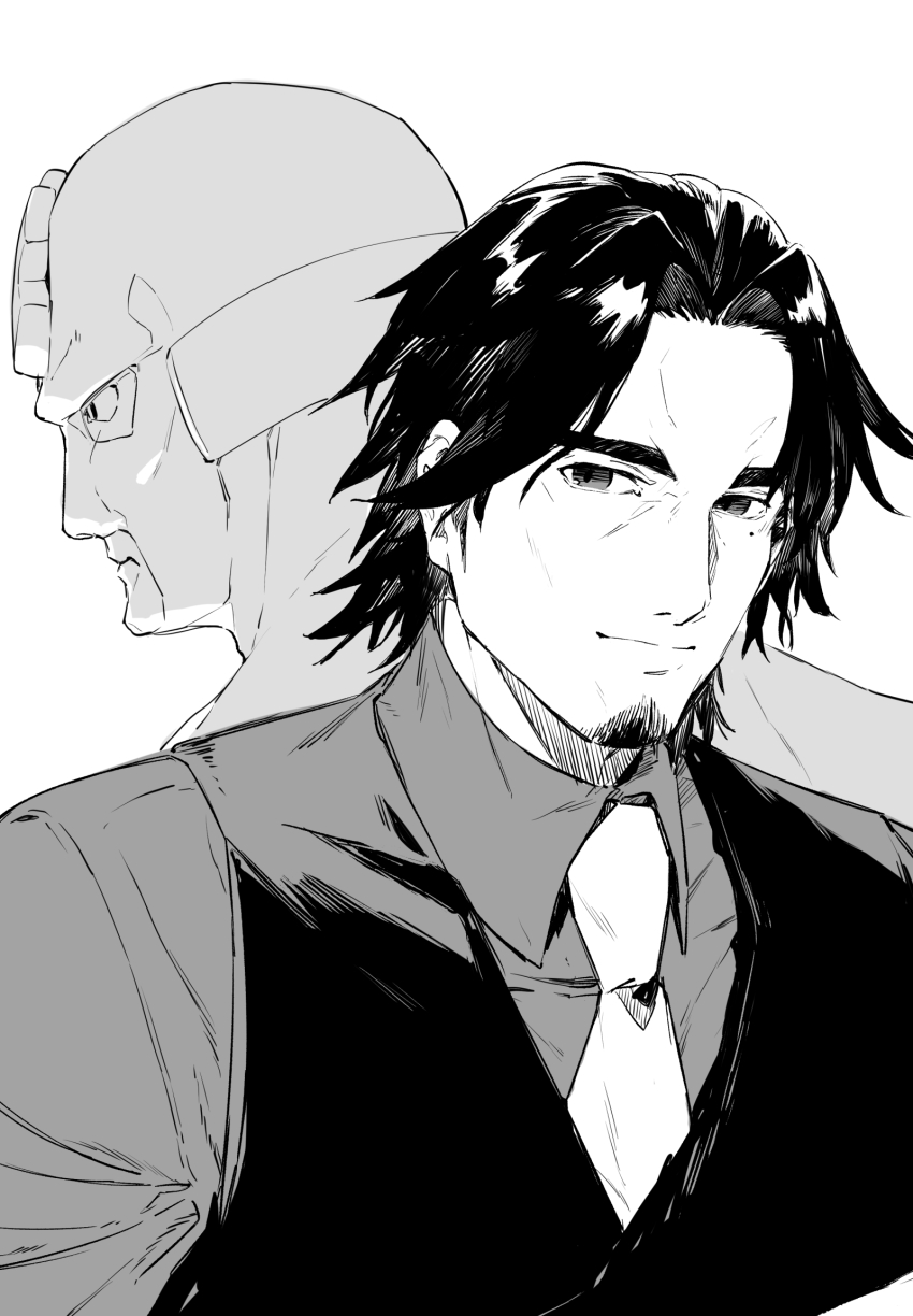 2boys bodysuit closed_mouth collared_shirt commentary english_commentary facial_hair frimomen_(voicepeak) highres hitogome looking_at_viewer male_focus mole mole_under_eye monochrome multiple_boys necktie profile shirt vest voicepeak