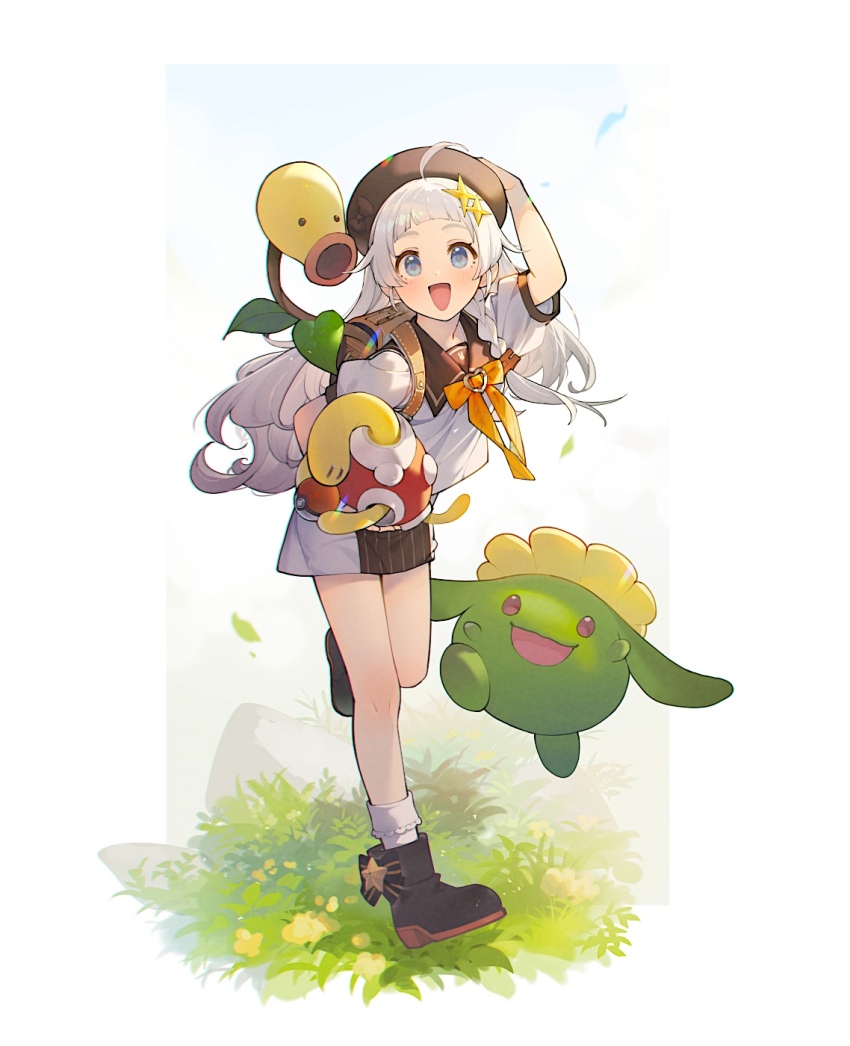 1girl :d a.i._voice ahoge arched_bangs backpack bad_link bag bellsprout beret black_boots blue_eyes blush boots bow bowtie braid brown_hair commentary_request full_body gen_1_pokemon gen_2_pokemon grey_hair hat highres kizuna_akari kizuna_akari_(tsubomi) long_hair looking_at_viewer nintendo open_mouth poke_ball poke_ball_(basic) pokemon pokemon_(creature) shirinda_fureiru shuckle single_braid skiploom smile socks solo sparkle_hair_ornament very_long_hair voiceroid white_socks yellow_bow yellow_bowtie
