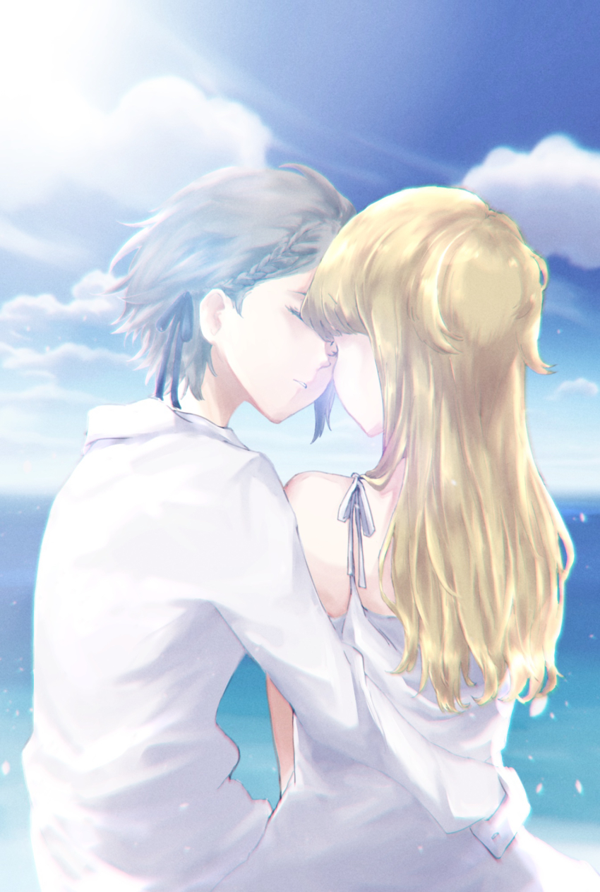 10kanaga 2girls ange_(princess_principal) arm_around_waist blonde_hair braid cloud commentary day dress closed_eyes facing_away grey_hair hair_ribbon highres imminent_kiss long_hair looking_at_another multiple_girls ocean outdoors petals princess_(princess_principal) princess_principal ribbon shirt short_hair sky sunlight white_dress white_shirt yuri