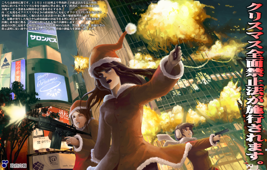 3girls action brown_hair building buttons christmas christmas_is_cancelled city coat commentary_request detonator earmuffs explosion firing muzzle_device gun handgun hat hiraoka_masamune holding holding_gun holding_weapon long_hair multiple_girls muzzle_flash night one_eye_closed original pistol rifle santa_hat scarf skyscraper snowman terrorism weapon winter_clothes