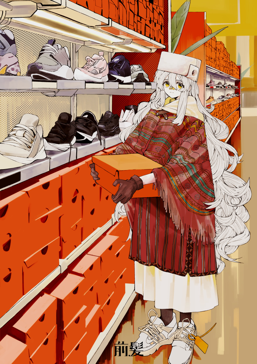 1girl absurdres bandaid bandaid_on_face bandaid_on_nose box brown_gloves closed_mouth commentary english_commentary full_body gloves hair_between_eyes hat highres holding holding_box long_hair long_sleeves looking_at_viewer maegami_(daisuki_oekaki1) original pale_skin shoe_box shoes shop sneakers solo standing very_long_hair white_hair white_hat white_shoes wide_sleeves yellow_eyes