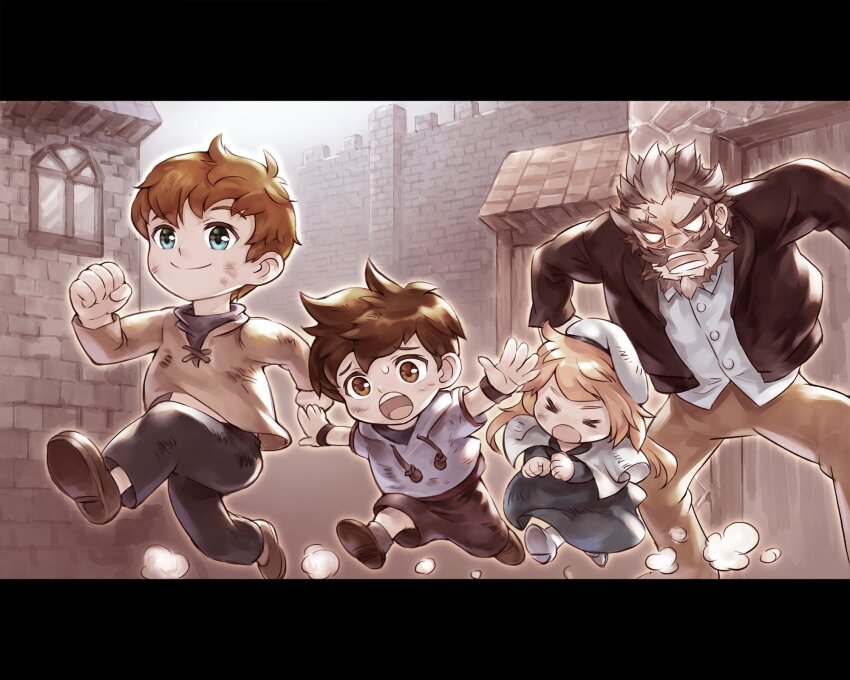 1girl 3boys aged_down angry artist_request beard black_dress black_pants black_shirt black_shorts blank_eyes blonde_hair blue_eyes brown_eyes brown_hair brown_shirt brown_shoes child clause_(king&#039;s_raid) closed_eyes commentary commentary_request dress dress_shirt english_commentary facial_hair flashback fleeing frey_(king&#039;s_raid) game_cg grey_hair grey_hoodie hat highres hood hoodie kasel_(king&#039;s_raid) king&#039;s_raid korean_commentary mixed-language_commentary multiple_boys official_art open_mouth pants ricardo_(king&#039;s_raid) running scar scar_on_face scar_on_forehead second-party_source shawl shirt shoes shorts smile stone_wall sweatdrop white_hair white_hat white_shawl white_shoes wristband