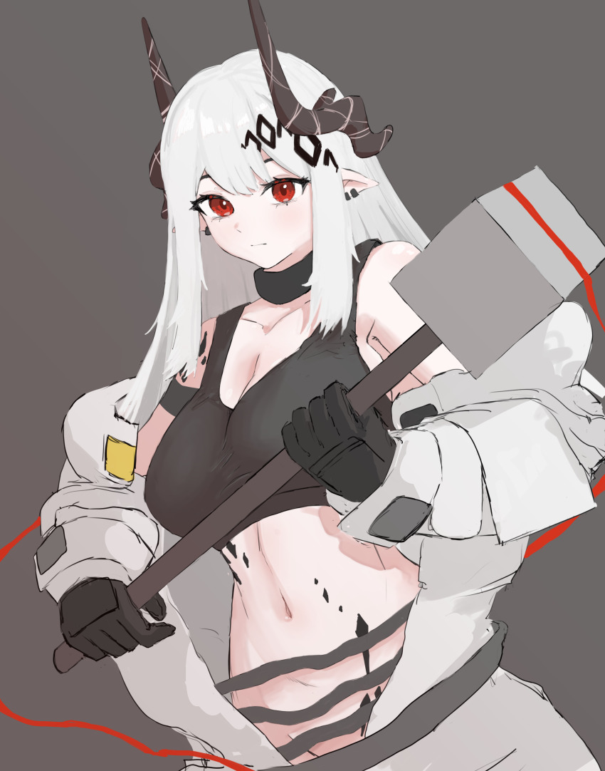 1girl absurdres arknights bare_shoulders black_gloves black_horns breasts cleavage commentary_request gloves grey_background hammer heii! highres holding holding_hammer holding_weapon horns jumpsuit korean_commentary large_breasts long_hair long_sleeves material_growth midriff mudrock_(arknights) mudrock_(elite_ii)_(arknights) navel off_shoulder oripathy_lesion_(arknights) pointy_ears red_eyes sledgehammer solo weapon white_hair