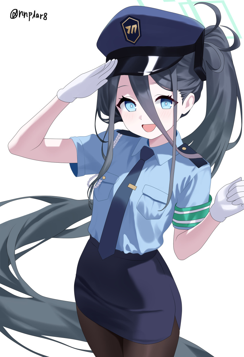 1girl absurdres aris_(blue_archive) black_hair black_pantyhose blue_archive blue_eyes blue_hat blue_necktie blue_shirt blue_skirt blush commentary gloves hair_between_eyes hat highres long_bangs long_hair looking_at_viewer necktie open_mouth pantyhose peaked_cap potgit salute shirt short_sleeves sidelocks skirt solo white_gloves
