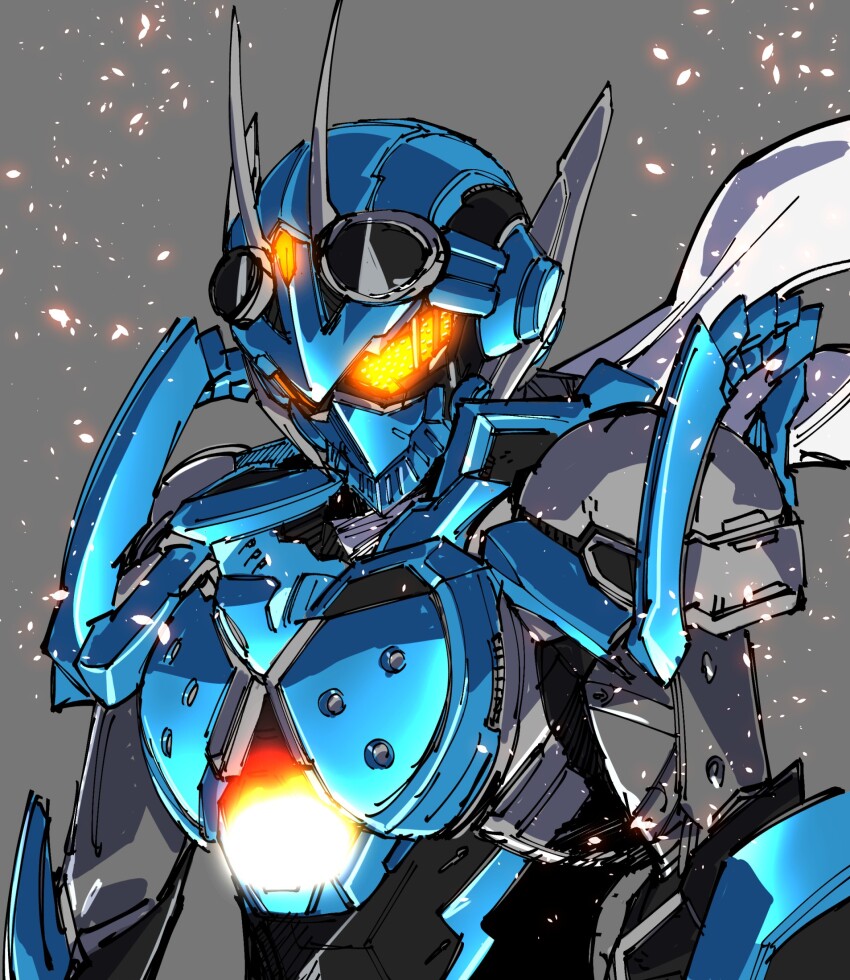 1boy amakawa_mayu armor black_bodysuit blue_armor bodysuit embers glowing glowing_eyes goggles goggles_on_head highres kamen_rider kamen_rider_gotchard looking_at_viewer male_focus orange_eyes scarf solo steam_hopper tokusatsu upper_body white_scarf yellow_eyes