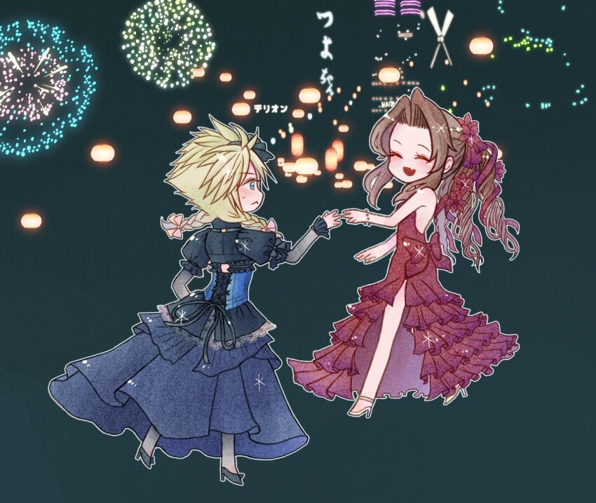 1boy 1girl aerith_gainsborough aerith_gainsborough_(red_dress) backless_dress backless_outfit bare_shoulders black_footwear black_gloves black_hairband blonde_hair blue_dress blue_eyes bluelimbo8888 blush bow bracelet braid brown_hair chibi closed_eyes cloud_strife cloud_strife_(blue_dress) crossdressing dress fang final_fantasy final_fantasy_vii final_fantasy_vii_remake fireworks flamenco_dress flower full_body gloves hair_bow hair_flower hair_ornament hair_ribbon hairband jewelry juliet_sleeves long_dress long_hair long_sleeves looking_at_another official_alternate_costume open_mouth outstretched_hand pink_bow puffy_sleeves red_dress red_flower red_ribbon ribbon ringlets side_slit smile spiked_hair square_enix strappy_heels sweatdrop twin_braids wall_market white_footwear