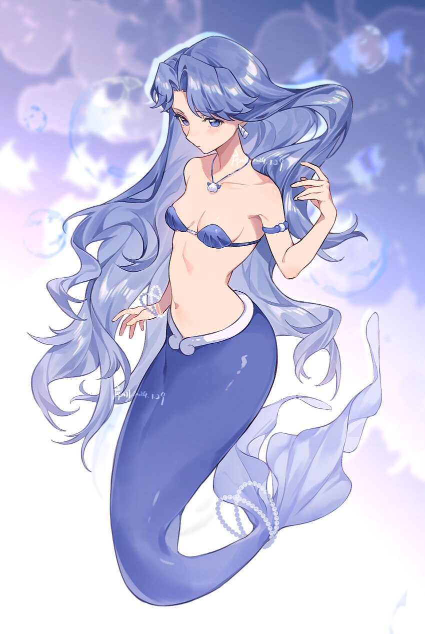 1girl armband bare_shoulders blue_eyes blue_hair bracelet breasts fins fish_tail full_body highres jewelry kneeless_mermaid long_hair medium_breasts mermaid mermaid_melody_pichi_pichi_pitch monster_girl navel necklace noel_(mermaid_melody_pichi_pichi_pitch) shell shell_bikini solo tail wavy_hair xuchuan