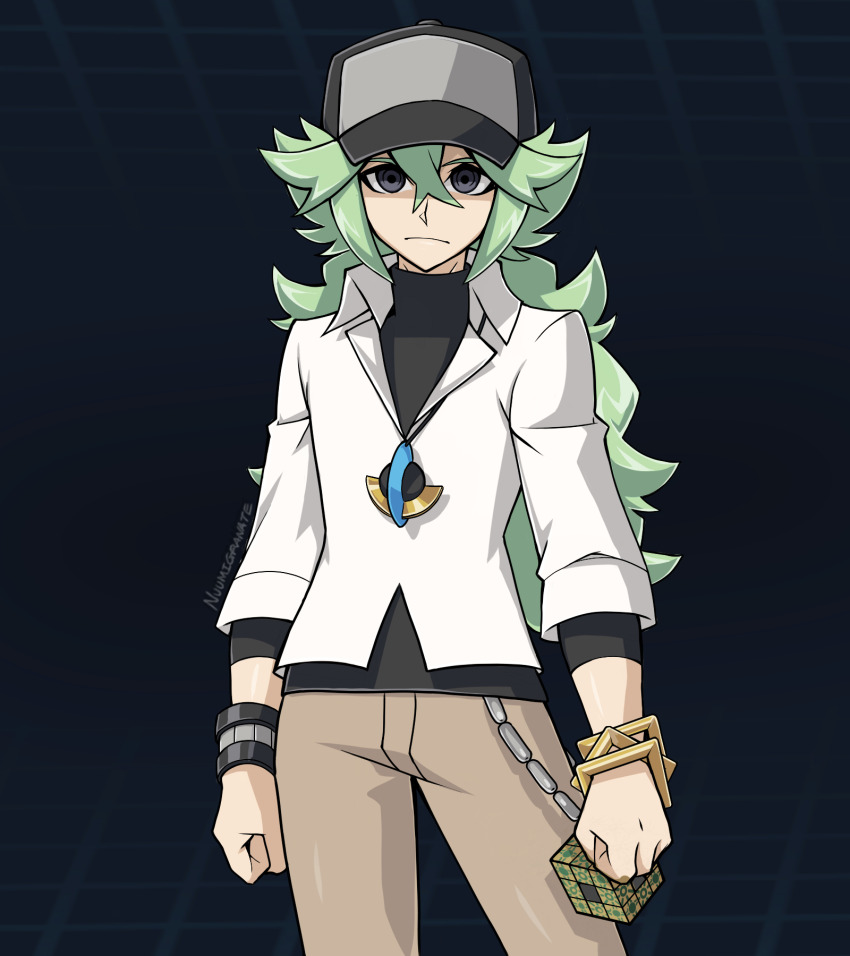 1boy arms_at_sides black_hat black_shirt blue_background bracelet clenched_hands double-parted_bangs dress_shirt facing_viewer gold_bracelet green_hair grey_eyes hat highres jewelry long_bangs looking_at_viewer male_focus n_(pokemon) nintendo nuumigranate parody partially_unbuttoned pokemon pokemon_bw ponytail rubik&#039;s_cube shirt shirt_under_shirt sleeves_rolled_up solo style_parody untucked_shirt upper_body wallet_chain yu-gi-oh! yu-gi-oh!_duel_links