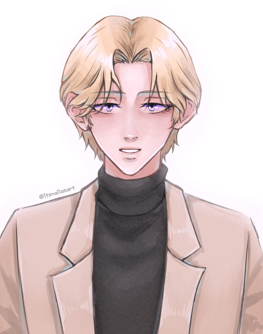 1boy blonde_hair blue_eyes brown_hair commentary english_commentary highres itsnailasart johan_liebert male_focus monster_(manga) smile solo turtleneck twitter_username upper_body white_background