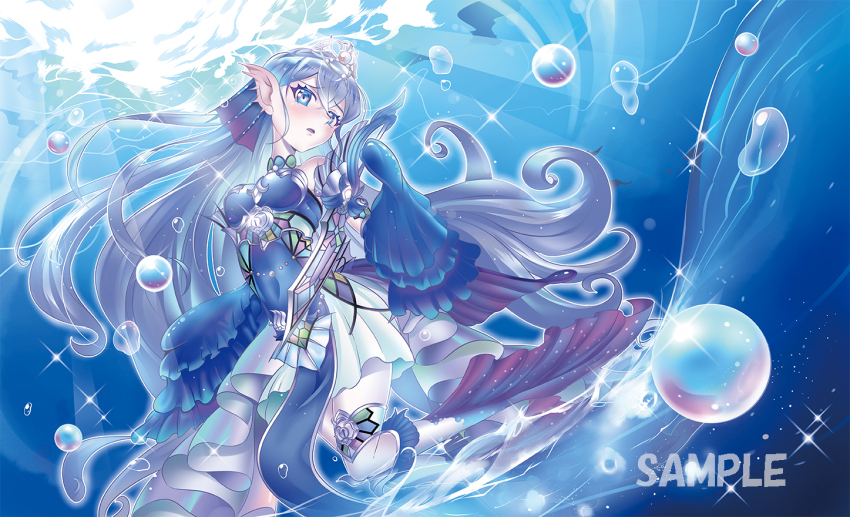 1girl arm_fins blue_eyes blush breasts bubble covered_navel duel_monster fins fish_girl grey_hair head_fins holding holding_sword holding_weapon large_breasts lock long_hair long_sleeves looking_at_viewer looking_down open_mouth pelvic_curtain pinko_(pinkuroao) sample_watermark second-party_source sleeves_past_wrists solo sword tearlaments_scheiren thighhighs tiara underwater watermark weapon yu-gi-oh!