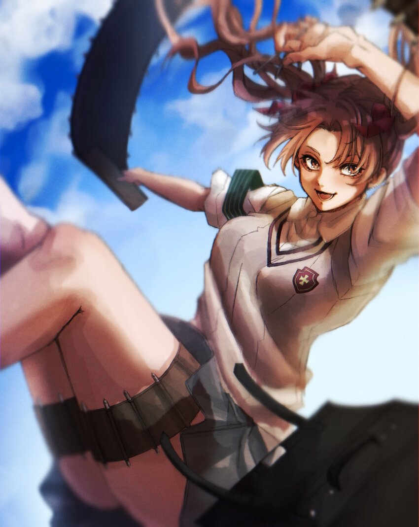 1girl armband bag blue_sky bow brown_eyes brown_hair brown_sweater_vest cloud collared_shirt green_armband grey_skirt hair_bow highres holding holding_needle holster judgement_armband_(toaru) long_hair looking_at_viewer midair needle nshi_5477 open_mouth pleated_skirt red_bow school_bag school_emblem school_uniform shirai_kuroko shirt short_sleeves skirt sky smile solo summer_uniform sweater_vest thigh_holster throwing_needles toaru_kagaku_no_railgun toaru_majutsu_no_index tokiwadai_school_uniform twintails white_shirt
