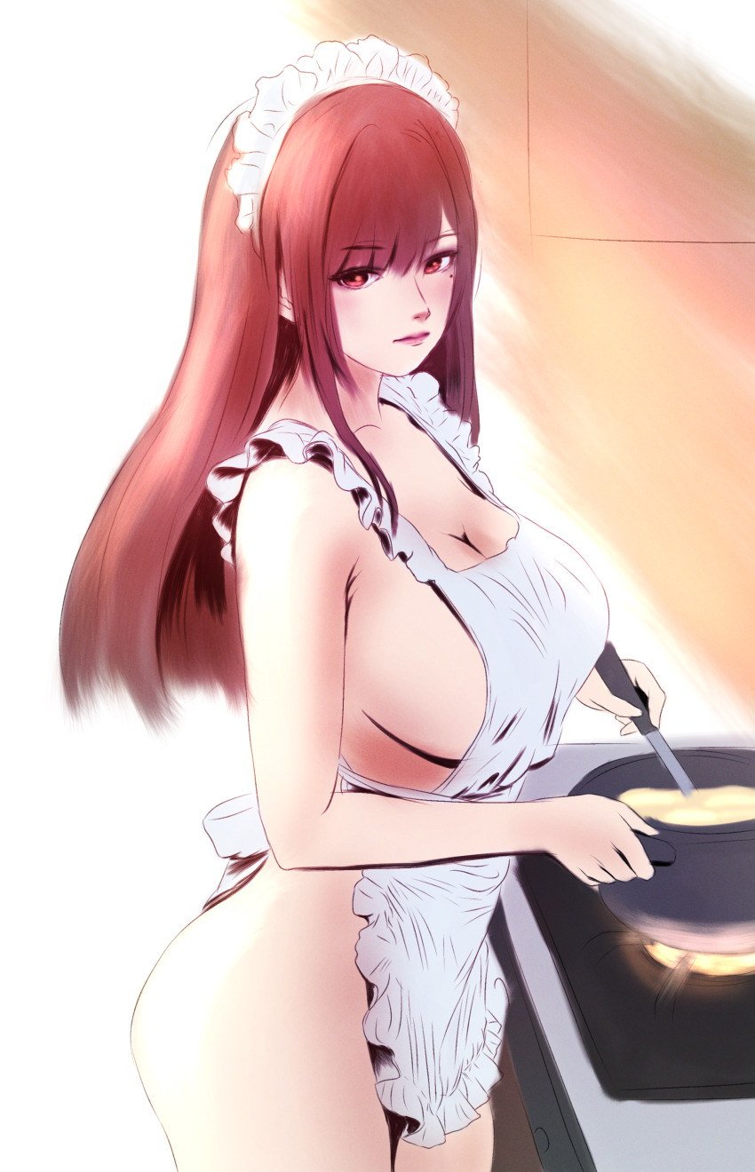1girl absurdres apron banmin banmin_chan breasts brown_hair colored_skin eizoku_shizu eyeshadow eyeshadow_under_eye highres hime_cut large_breasts lipstick long_hair makeup military_lolita mole mountainbro naked_apron permabanned red_eyes thick_thighs thighs virtual_youtuber white_skin