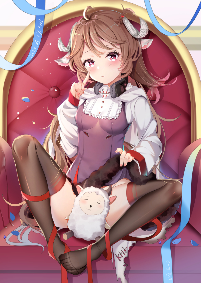 1girl absurdres animal_ears arknights bad_id bad_pixiv_id black_thighhighs curled_horns dress eyjafjalla_(arknights) feet female_focus fur-trimmed_dress fur_trim goat_horns goggles grey_dress highres horns looking_at_viewer mask miaogujun originium_arts_(arknights) respirator sheep sheep_ears sheep_girl sheep_horns short_hair sitting solo stuffed_animal stuffed_toy thighhighs torn_clothes torn_coat torn_dress unworn_goggles wool
