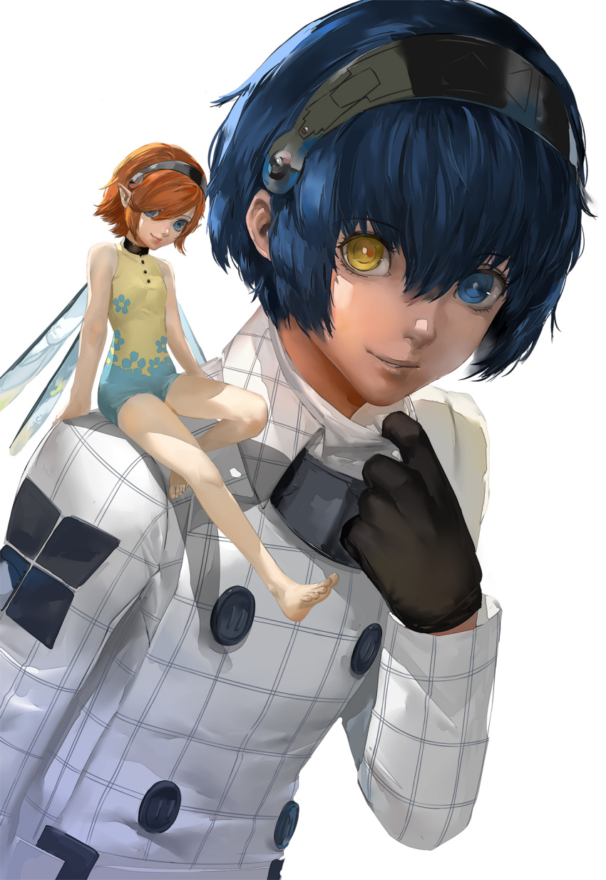 1boy 1girl bare_arms bare_legs bare_shoulders barefoot black_gloves blazpu blue_eyes blue_hair blue_leotard brown_hair dark_blue_hair fairy fairy_wings feet floral_print full_body gallica_(metaphor:_refantazio) gloves hair_between_eyes hairband heterochromia high_collar highres jacket knee_up legs leotard long_sleeves looking_at_viewer metaphor:_refantazio multicolored_leotard on_shoulder parted_lips print_leotard protagonist_(metaphor:_refantazio) short_hair sitting sitting_on_person size_difference smile swept_bangs toenails toes two-tone_leotard upper_body white_background white_jacket wings yellow_eyes yellow_leotard