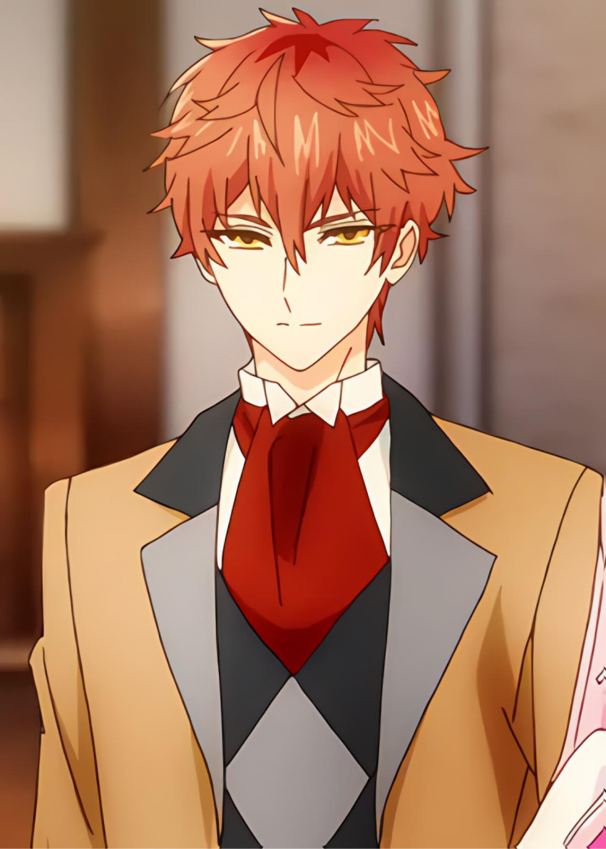 1boy angry dandelion_ginoford formal_clothes highres looking_at_viewer red_hair serious short_hair suit tensei_akujo_no_kuro_rekishi upper_body yellow_eyes