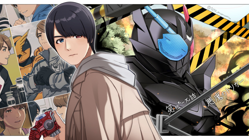 1010_mumumu armor asymmetrical_armor aura banjou_ryuuga black_armor black_bodysuit black_gloves black_hair blue_eyes blue_jacket bodysuit bottle brown_hair clenched_hand coat compound_eyes dark_aura elbow_pads explosion fire fist_in_hand fullbottle gloves grey_jacket hawk+gatling_form_(best_match) hazard_trigger helmet heterochromia highres holding hood hooded_coat horns jacket japanese_text kamen_rider kamen_rider_build kamen_rider_build_(series) kiryuu_sento looking_at_another looking_at_viewer military military_jacket military_uniform open_clothes open_coat orange_armor orange_eyes rabbit+tank_form_(black_hazard) red_eyes shoulder_armor signature tree