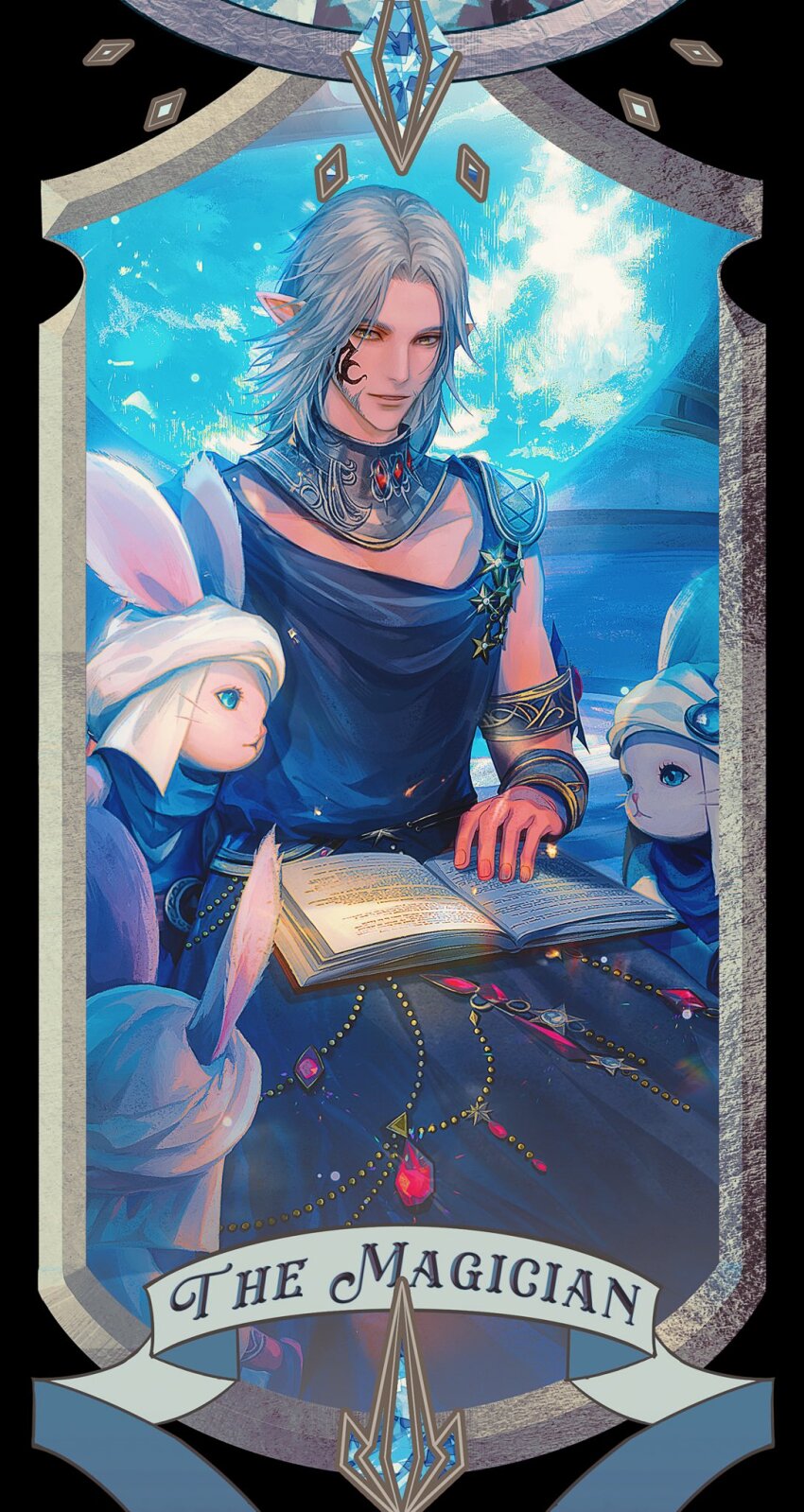 1boy 3others androgynous animal_ears armlet black_robe blue_eyes book book_on_lap bracelet card_(medium) collar commentary cowboy_shot elezen elf english_commentary facial_tattoo final_fantasy final_fantasy_xiv from_above grey_hair highres jewelry jingjue_de_yumiao loporrit male_focus metal_collar multiple_others open_book parted_lips planet pointy_ears rabbit_ears robe short_hair sideburns sitting smile tarot tarot_(medium) tattoo the_magician_(tarot) turban urianger_augurelt whiskers white_headwear yellow_eyes