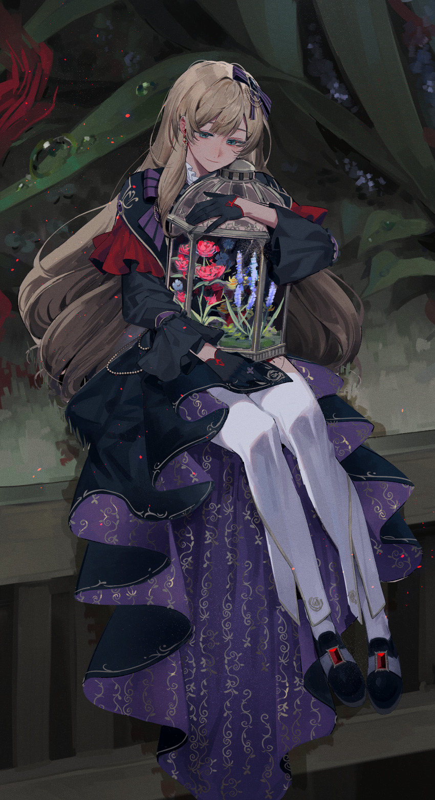 1girl absurdres alternate_costume anight black_coat black_gloves black_shoes blonde_hair blue_eyes blunt_bangs bow coat dew_drop earrings ensemble_stars! floral_print flower frilled_shirt_collar frilled_sleeves frills full_body gem gloves gold_trim hair_bow half_gloves herbarium highres hugging_object humanization jewelry lavender_(flower) loafers long_coat long_hair long_sleeves looking_at_object mademoiselle_(ensemble_stars!) oversized_flower pants patterned_clothing purple_bow red_flower red_gemstone red_rose rose rose_print shirt shoes sitting smile socks solo striped_bow two-sided_coat two-sided_fabric water_drop wavy_hair white_pants white_shirt white_socks yellow_flower