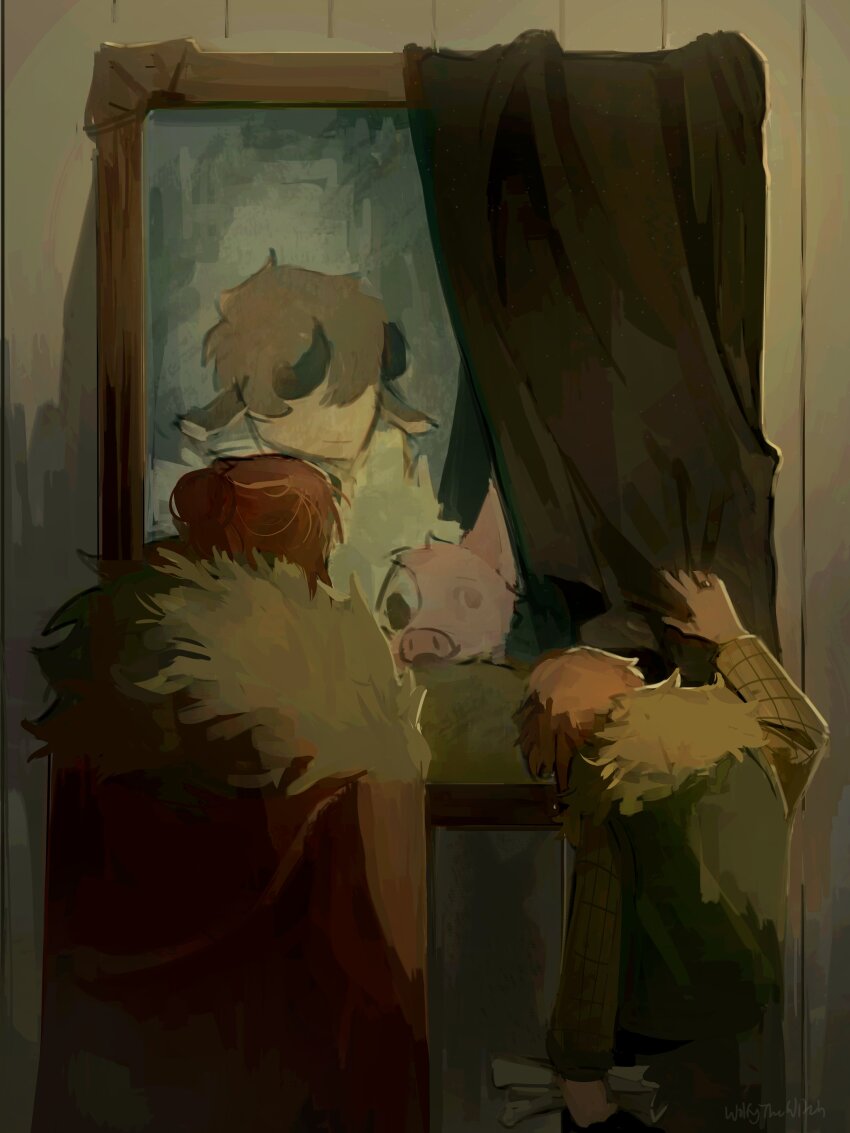 2boys absurdres animal_ears brown_hair cape commentary curtains dream_smp english_commentary from_behind fur-trimmed_cape fur-trimmed_jacket fur_trim goat_boy goat_ears highres holding jacket long_sleeves male_focus michael_the_piglin minecraft minecraft_youtube multiple_boys official_alternate_costume painterly painting_(object) pink_hair red_cape technoblade tubbo wolfythewitch zombified_piglin