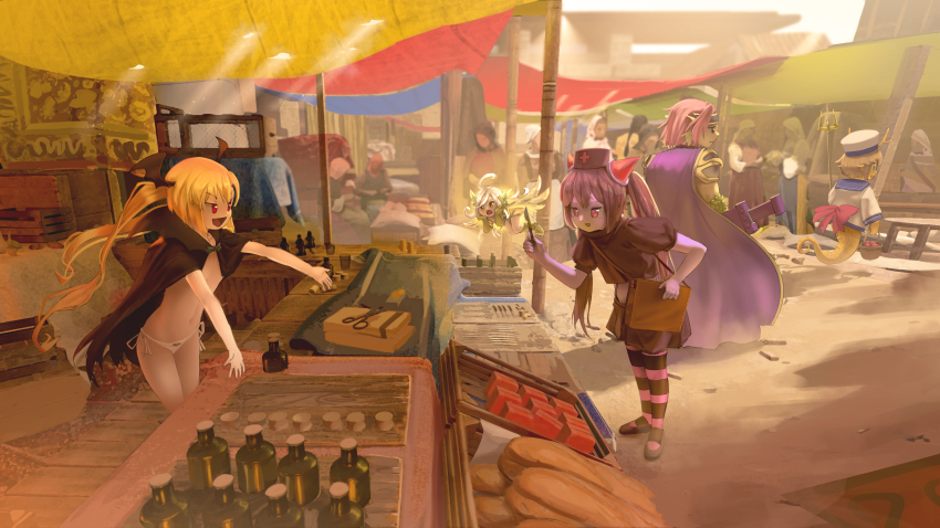 5girls 6+others :d absurdres ahoge animal_ears animal_print antlers armor bag bat_print bat_wings bazaar black_cape black_hair black_shirt black_shoes black_shorts black_thighhighs blonde_hair blue_sailor_collar bottle bread brown_bag brown_eyes brown_hair cape chrome_(mon-musu_quest!) colored_skin commentary commission counter crate crop_top cross day demon_girl dragon_ears dragon_girl dress elbow_gloves english_commentary fairy faiz_azhar flat_chest floating food forehead_protector from_side gloves granberia green_dress green_gloves green_hair green_skin hair_between_eyes hands_on_own_cheeks hands_on_own_face hat head_wings highres holding_scalpel horizontal-striped_thighhighs horns long_hair mini_person minigirl mon-musu_quest! mon-musu_quest:_paradox monster_girl multiple_girls multiple_others navel nearly_naked_cape no_pants nurse_cap open_mouth outdoors outstretched_arms panties petite pink_eyes pink_horns pink_thighhighs polearm print_panties puffy_short_sleeves puffy_sleeves purple_cape purple_skin red_cross red_eyes red_hair sailor sailor_collar sailor_hat sailor_shirt sand scissors seahorse_girl second-party_source shadow sheath sheathed shirt shoes shopping short_sleeves shorts shoulder_armor shoulder_bag side-tie_panties sidelocks smile standing striped_clothes striped_thighhighs suspender_shorts suspenders sword sylph_(mon-musu_quest!) tatsuko_(mon-musu_quest!) thighhighs trident twintails underwear v-shaped_eyebrows vampire vanilla_(mon-musu_quest!) weapon white_hair white_panties white_shirt wings wooden_box