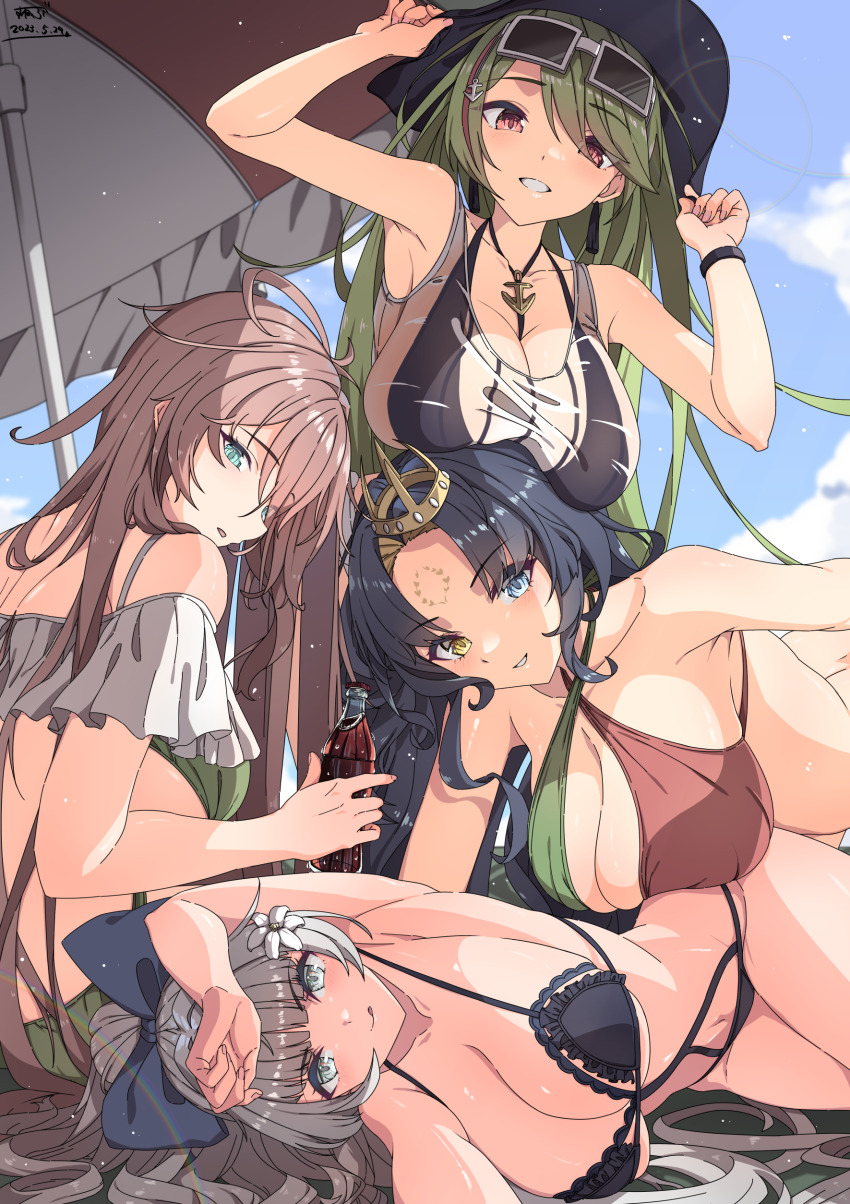 4girls :q absurdres ahoge armpits azur_lane bare_shoulders beach_umbrella bikini black_bikini black_hair blue_eyes blue_sky blush bottle bow breasts cleavage crown day eyewear_on_head facial_mark flower forehead_mark green_hair grey_eyes grey_hair hair_between_eyes hair_bow hair_flower hair_ornament hair_spread_out heterochromia highres holding holding_bottle impero_(azur_lane) jewelry large_breasts littorio_(azur_lane) littorio_(the_glory_of_naples)_(azur_lane) long_hair looking_at_viewer lying monokini multicolored_hair multiple_girls navel official_alternate_costume on_side outdoors red_eyes red_hair roma_(azur_lane) sky smile soda_bottle streaked_hair sunebu_(snake_boo2) sunglasses swimsuit tongue tongue_out umbrella very_long_hair vittorio_veneto_(azur_lane) vittorio_veneto_(the_flower_of_la_spezia)_(azur_lane) yellow_eyes