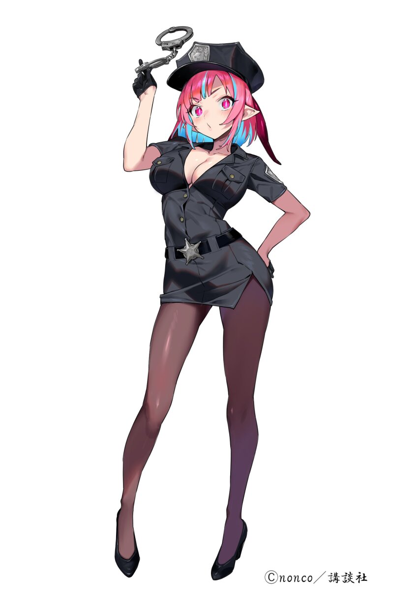 1girl absurdres arm_up artist_name belt black_belt black_dress black_gloves black_hat black_shoes blue_hair breasts brown_pantyhose cleavage collarbone collared_dress colored_inner_hair contrapposto cuffs demon_girl demon_horns dress full_body gloves handcuffs hat highres holding holding_handcuffs horns kanan-sama_wa_akumade_choroi kanan_(kanan-sama) knees large_breasts looking_at_viewer medium_hair multicolored_hair nonco pantyhose pink_eyes pink_hair pink_horns police police_uniform policewoman shoes short_sleeves simple_background slit_pupils solo streaked_hair thighs two-tone_hair white_background