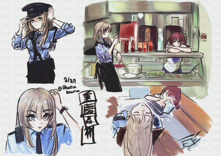 2girls black_hat blue_eyes blue_shirt blush brown_hair chungking_express commentary girls_band_cry grey_hair hair_between_eyes hat highres iseri_nina kawaragi_momoka long_hair low_twintails multiple_girls open_mouth police police_uniform policewoman shirt short_hair short_twintails tomare_(akashingou) twintails watch white_shirt wristwatch