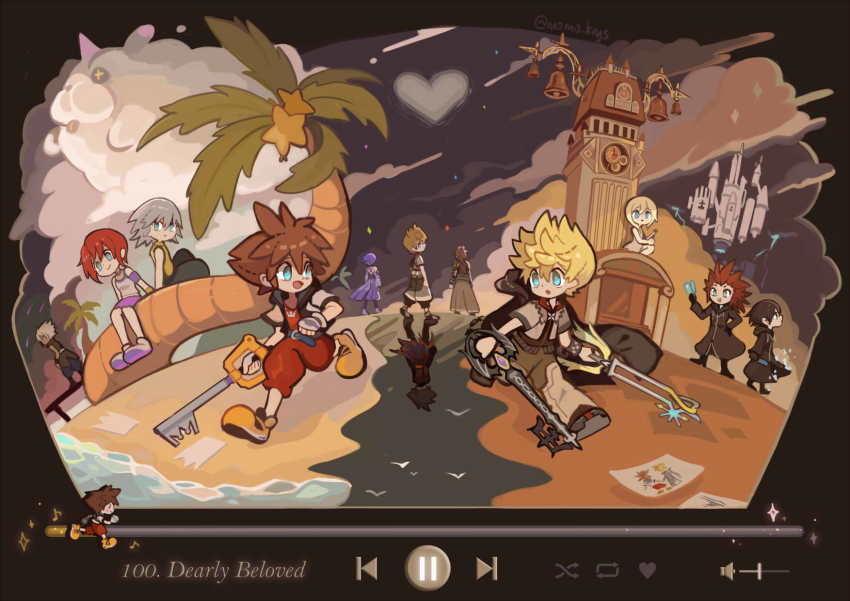 4girls 6+boys aqua_(kingdom_hearts) axel_(kingdom_hearts) beach bell_tower black_coat black_coat_(kingdom_hearts) castle cloud coat different_reflection drawing dream_eater_(kingdom_hearts) dual_wielding food fruit heart highres holding kairi_(kingdom_hearts) keyblade kingdom_hearts kingdom_key lightning momoppi multiple_boys multiple_girls namine oathkeeper oblivion_(keyblade) palm_tree paopu_fruit pier popsicle reflection riku_(kingdom_hearts) roxas silver_hair sitting sky smile sora_(kingdom_hearts) spiked_hair star_(sky) starry_sky terra_(kingdom_hearts) tower tree vanitas_(kingdom_hearts) ventus_(kingdom_hearts) wondernyan_(kingdom_hearts) xehanort xion_(kingdom_hearts)