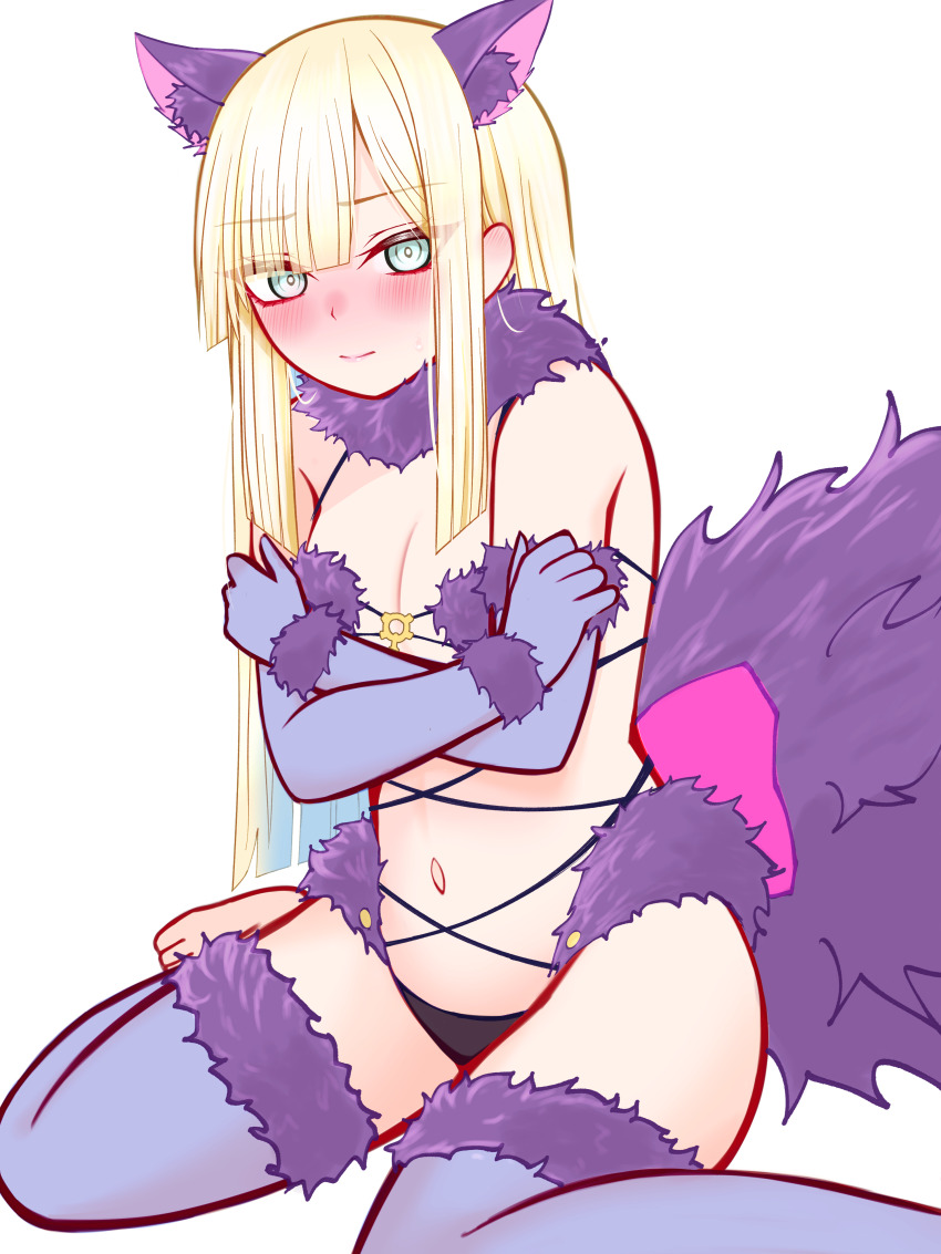 1girl absurdres animal_ears bare_shoulders black_panties blonde_hair blush bow breasts cosplay elbow_gloves fate/grand_order fate_(series) fur-trimmed_gloves fur-trimmed_legwear fur_collar fur_trim gloves green_eyes highres long_hair looking_at_viewer lord_el-melloi_ii_case_files mash_kyrielight mash_kyrielight_(dangerous_beast) mash_kyrielight_(dangerous_beast)_(cosplay) mcpc_zamurai navel o-ring panties purple_gloves purple_thighhighs reines_el-melloi_archisorte revealing_clothes sidelocks small_breasts solo tail thighhighs thighs underwear wolf_ears wolf_tail