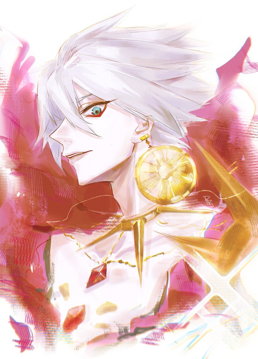 1boy blue_eyes chest_jewel collar cropped_shoulders earrings eyeshadow eyeshadow_under_eye fate/grand_order fate_(series) highres jewelry karna_(fate) looking_at_viewer makeup male_focus pale_skin pppeipeipipi red_eyeshadow short_hair solo spiked_collar spikes white_background white_hair