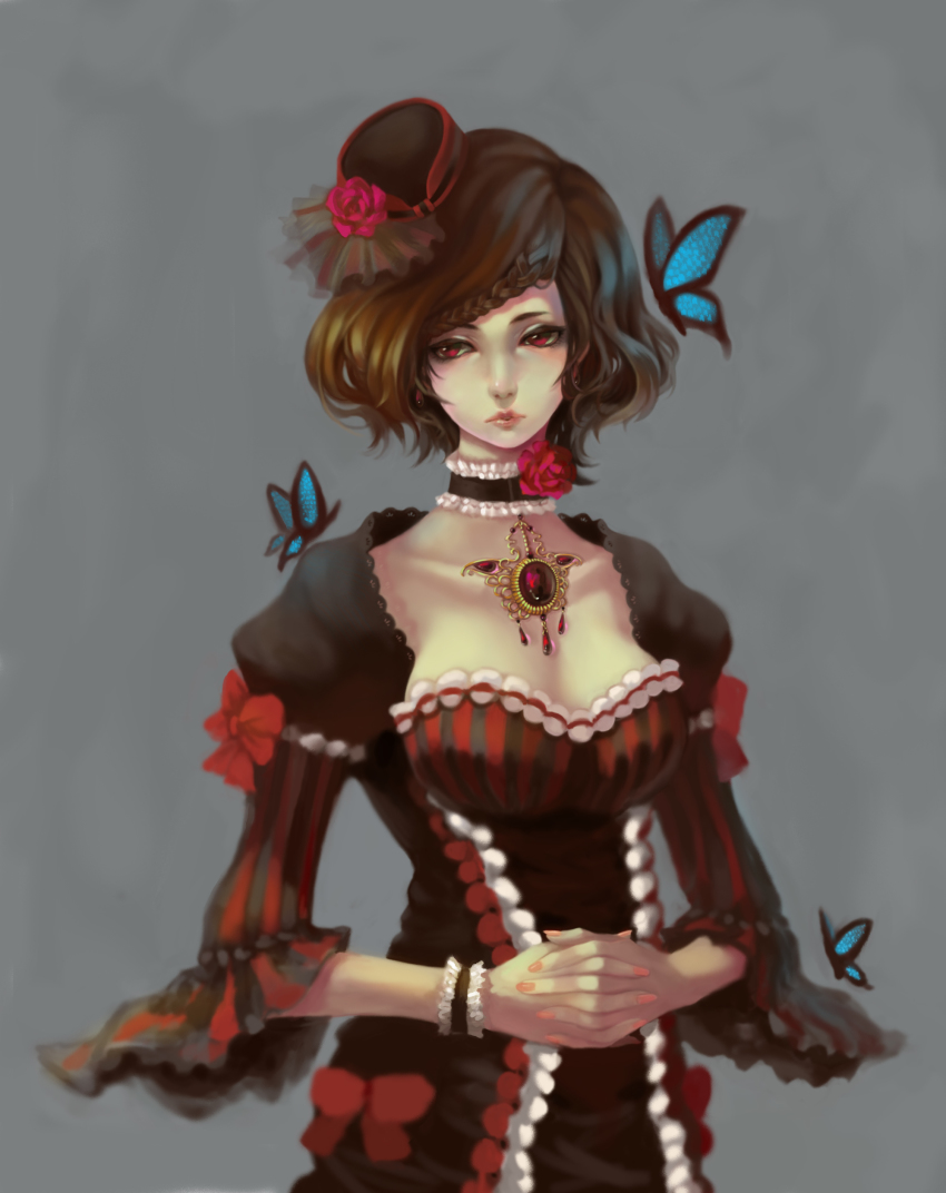 1girl absurdres blurry bow breasts brooch brown_hair bug butterfly choker cleavage collarbone depth_of_field earrings female_focus fingernails flower frilled_choker frilled_sleeves frills grey_background hat hat_flower hat_rose highres hobble_dress insect jewelry kaporless lips lipstick long_dress looking_to_the_side lovers_suicide_oblivion_(vocaloid) makeup meiko_(lorelei)_(vocaloid) meiko_(vocaloid) mini_hat nail_polish pink_nails project_diva_(series) project_diva_extend red_bow red_eyes rose short_hair solo vocaloid