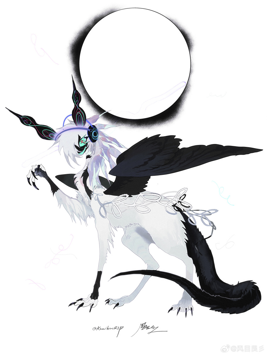 absurdres aqua_sclera aqua_tongue black_claws black_tail black_wings body_fur colored_sclera creature feathered_wings full_body headphones highres kamikiririp leg_lift no_humans open_mouth original purple_hair simple_background smile star-shaped_pupils star_(symbol) symbol-shaped_pupils white_background white_fur white_hair wings
